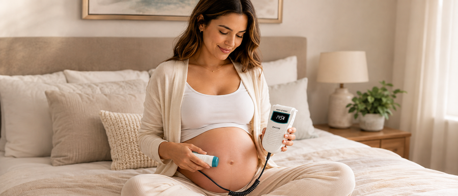 Pregnant woman using the Aura Baby Encore fetal Doppler at home