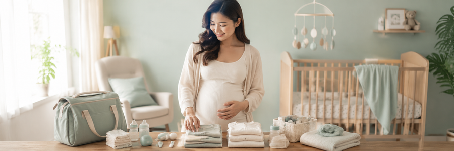 Pregnant mother organizing baby essentials in a softly lit nursery