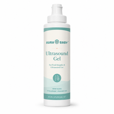 Front view of an Aura Baby Ultrasound Gel bottle on white background for use with Fetal Doppler